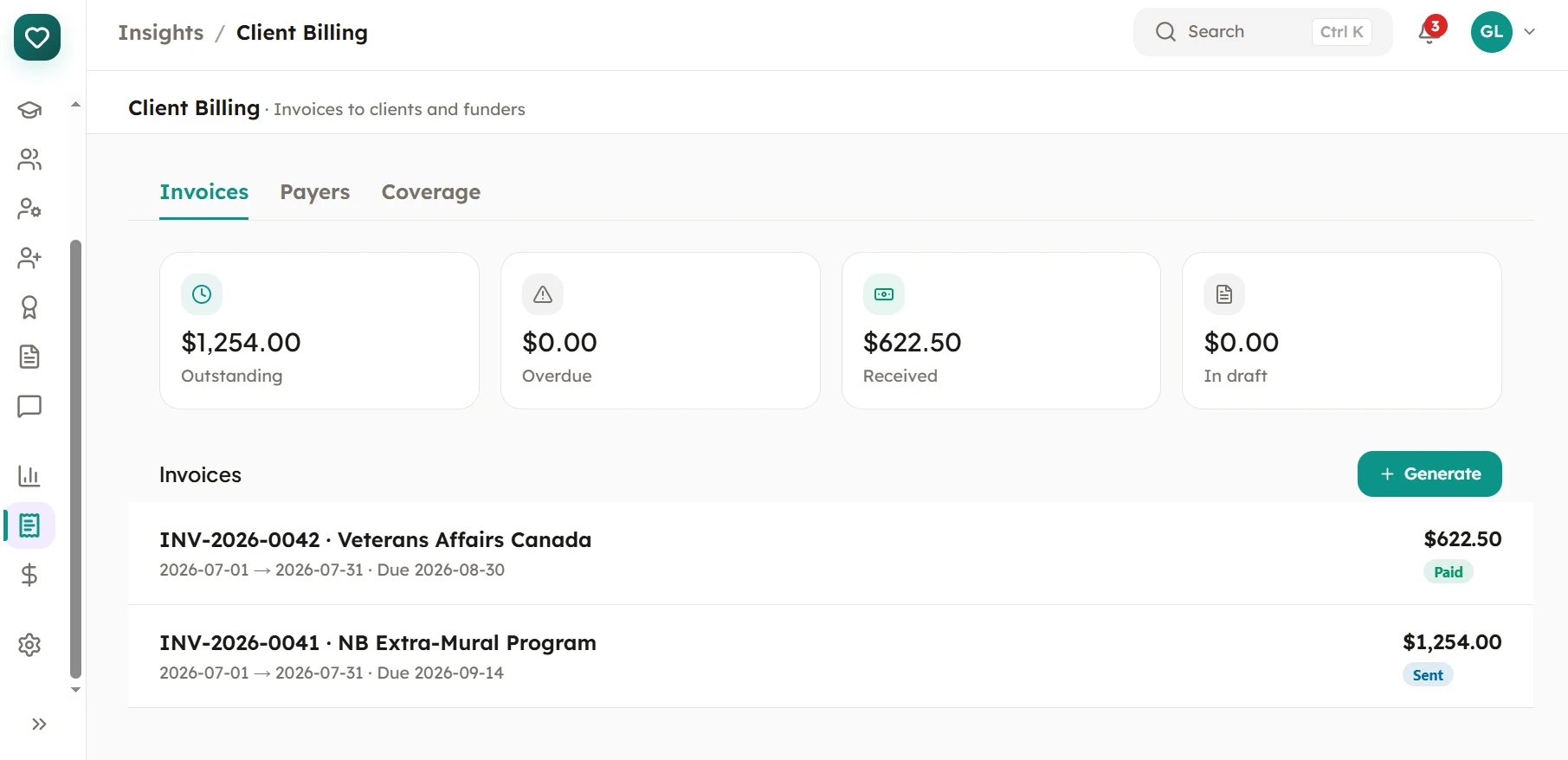 Invoices to two funders, one paid and one outstanding, with the period and due date on each